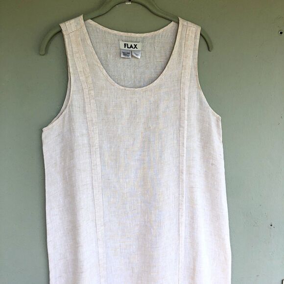 Flax Linen Maxi Dress Women S Cream Sleeveless Midi Relax Side Slits Lagenlook - Picture 5 of 14